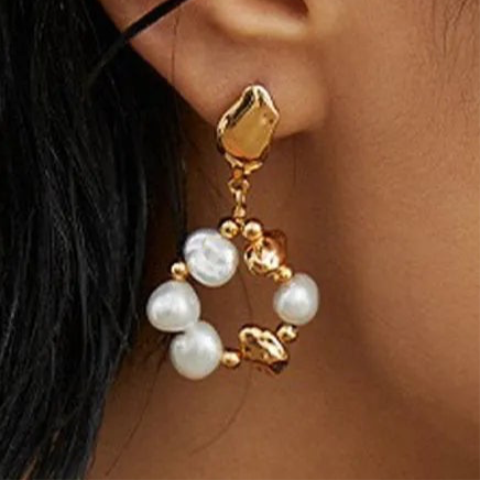 Gold Natural Pearl Loop Earrings