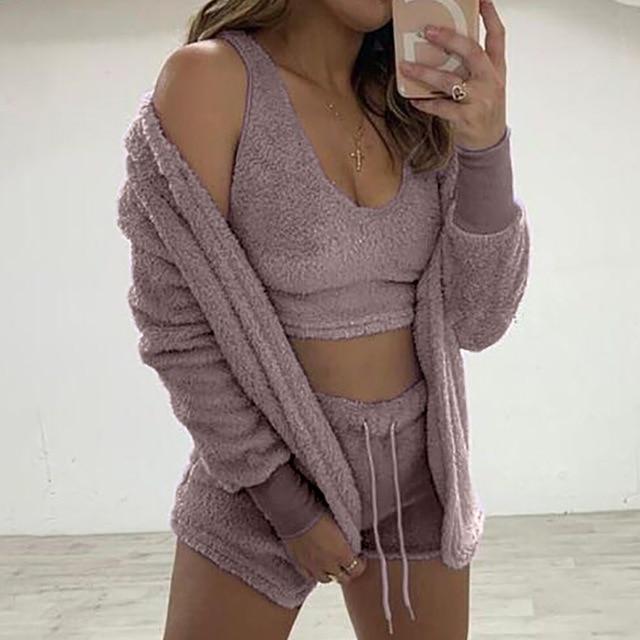 Loungewear Long-sleeved Fleece Fluffy Fashion Casual Three-piece Set