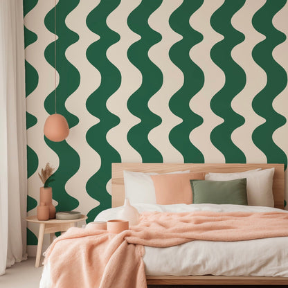 On The Same Wavelength Wallpaper in Forest Green | Wavy wallpaper in forest green colour - ScentiMelti Home Fragrance, Beauty & Gifts UK