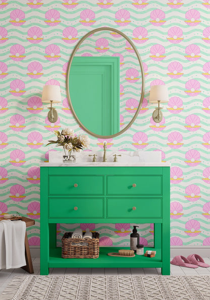 Gems of the Sea Wallpaper in Mint Green, Pink and Yellow | Seashell wallpaper in green, pink and yellow - ScentiMelti Home Fragrance, Beauty & Gifts UK