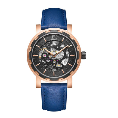 PUNCH Men's Rose Gold & Black Automatic Skeleton Watch - Blue Leather Strap Punch Watch Design ScentiMelti Wax Melts