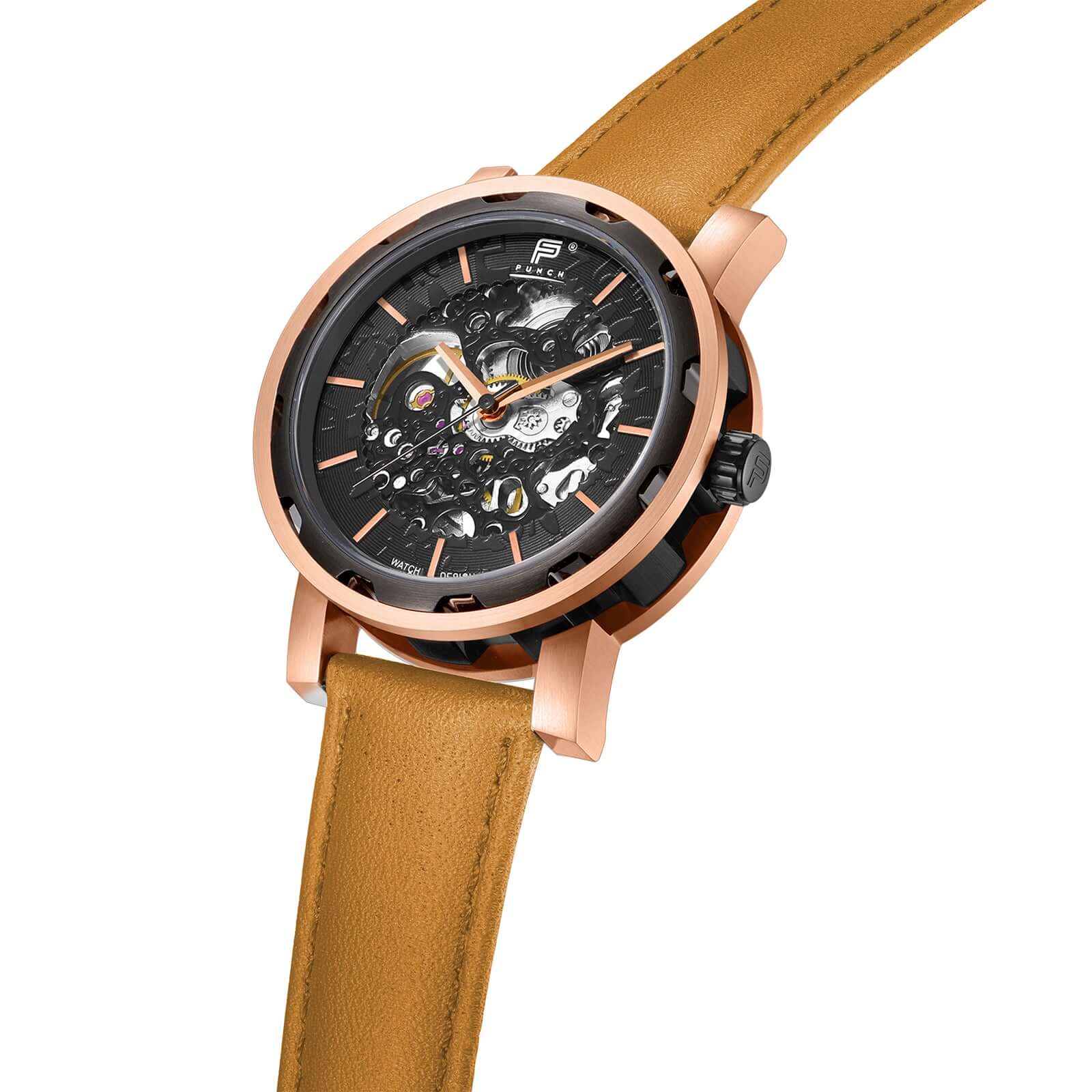 PUNCH Men's Rose Gold & Black Automatic Skeleton Watch - Tan Leather Strap Punch Watch Design ScentiMelti Wax Melts