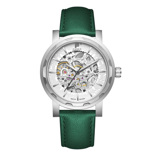 PUNCH Mens Watch, Silver & White Skeleton Automatic Watch - Green Leather Strap Punch Watch Design ScentiMelti Wax Melts