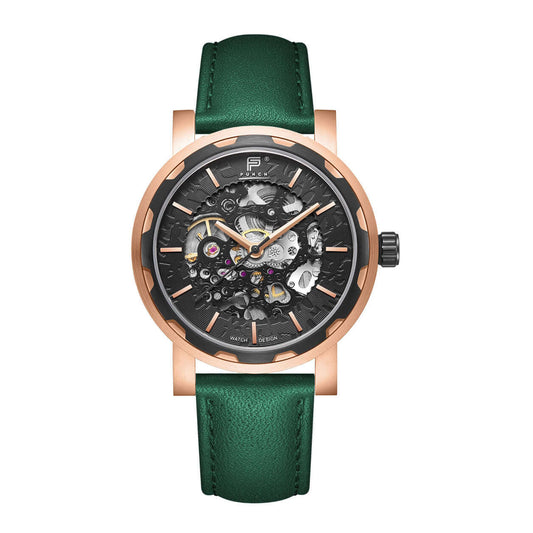 PUNCH Men's Rose Gold & Black Automatic Skeleton Watch - Green Leather Strap Punch Watch Design ScentiMelti Wax Melts