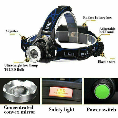 T6 Headlamp Rechargeable 350000LM LED Zoom Headlight Head Torch USB Line New UK - ScentiMelti Home Fragrance, Beauty & Gifts UK