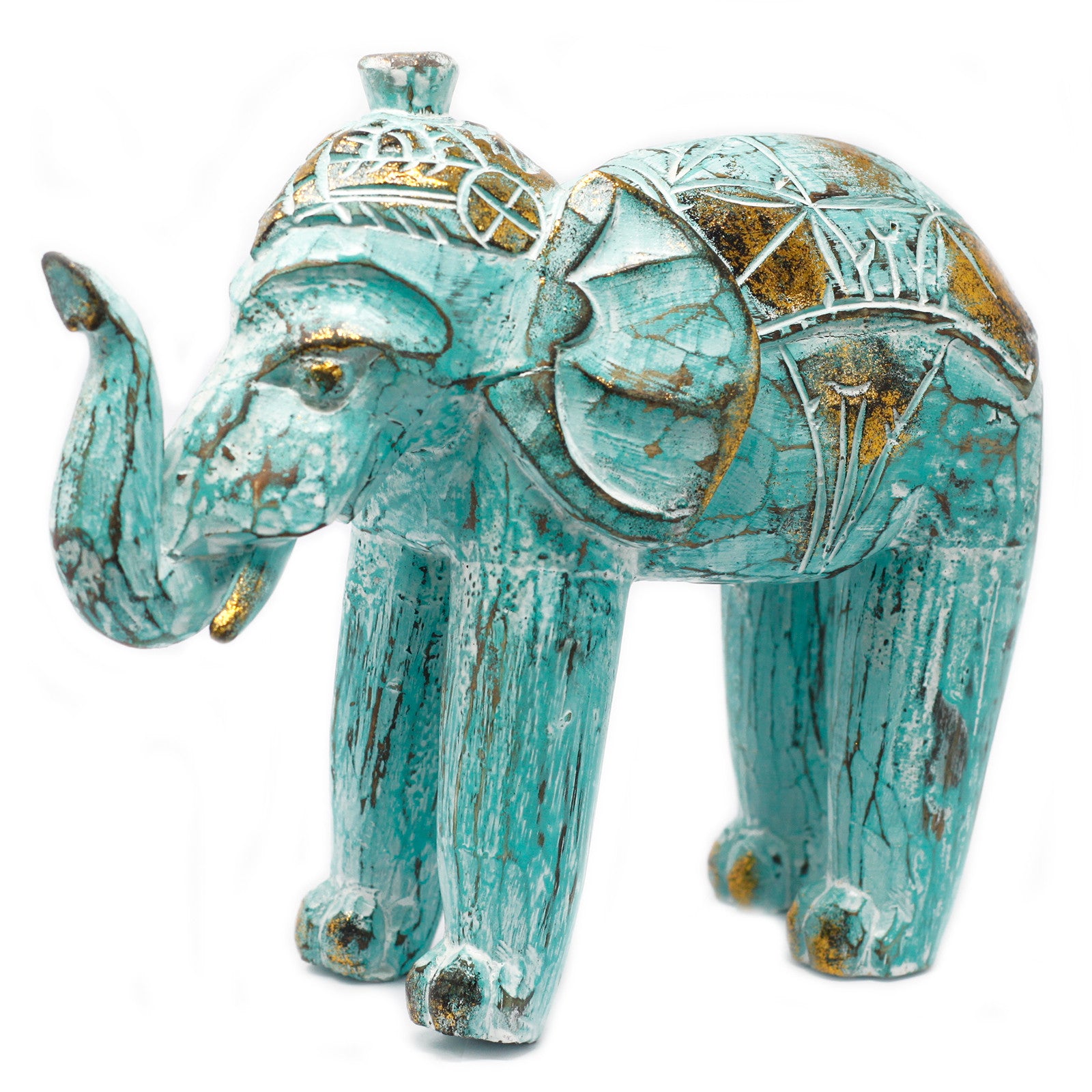 Wood Carved Elephant - Turquoise Gold - ScentiMelti Home Fragrance, Beauty & Gifts UK