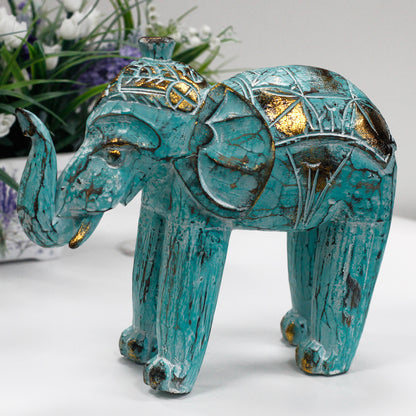 Wood Carved Elephant - Turquoise Gold - ScentiMelti Home Fragrance, Beauty & Gifts UK