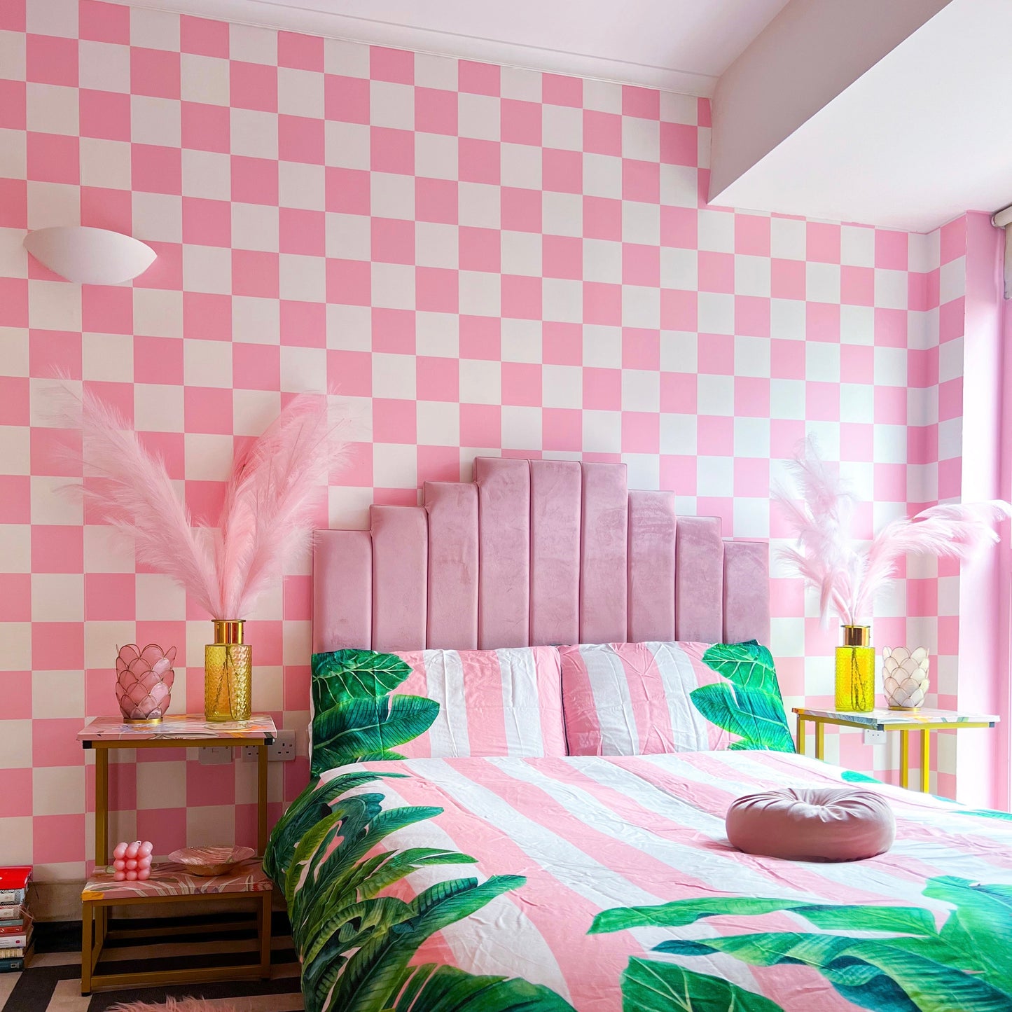 ‘Checkmate’ Checkered Wallpaper in Pink Candy - ScentiMelti Home Fragrance, Beauty & Gifts UK