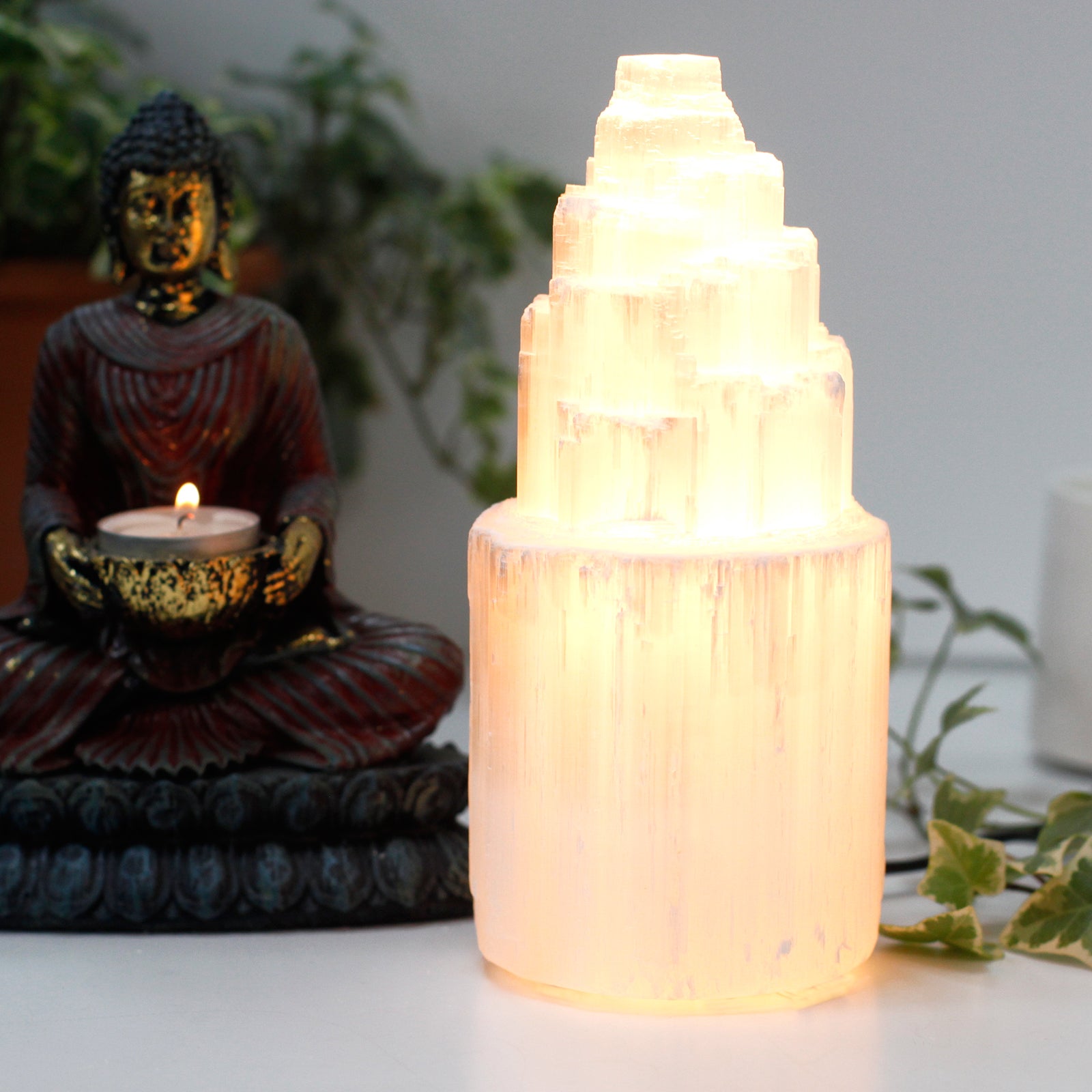 Natural Selenite Tower Lamp - 20 cm - ScentiMelti  Natural Selenite Tower Lamp - 20 cm