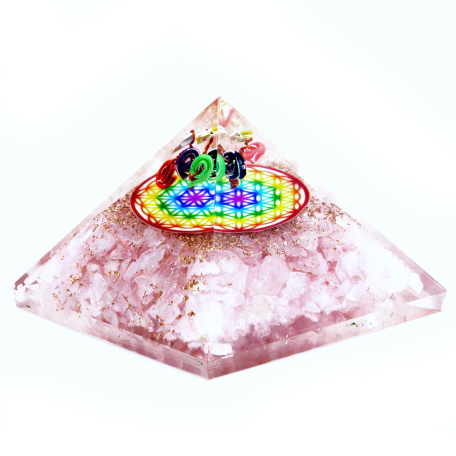 Orgonite Pyramid -  Rose Quartz Rainbow Flower of Life - 70 mm - ScentiMelti  Orgonite Pyramid -  Rose Quartz Rainbow Flower of Life - 70 mm