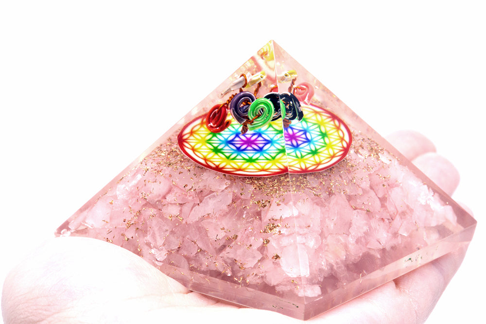 Orgonite Pyramid -  Rose Quartz Rainbow Flower of Life - 70 mm - ScentiMelti  Orgonite Pyramid -  Rose Quartz Rainbow Flower of Life - 70 mm