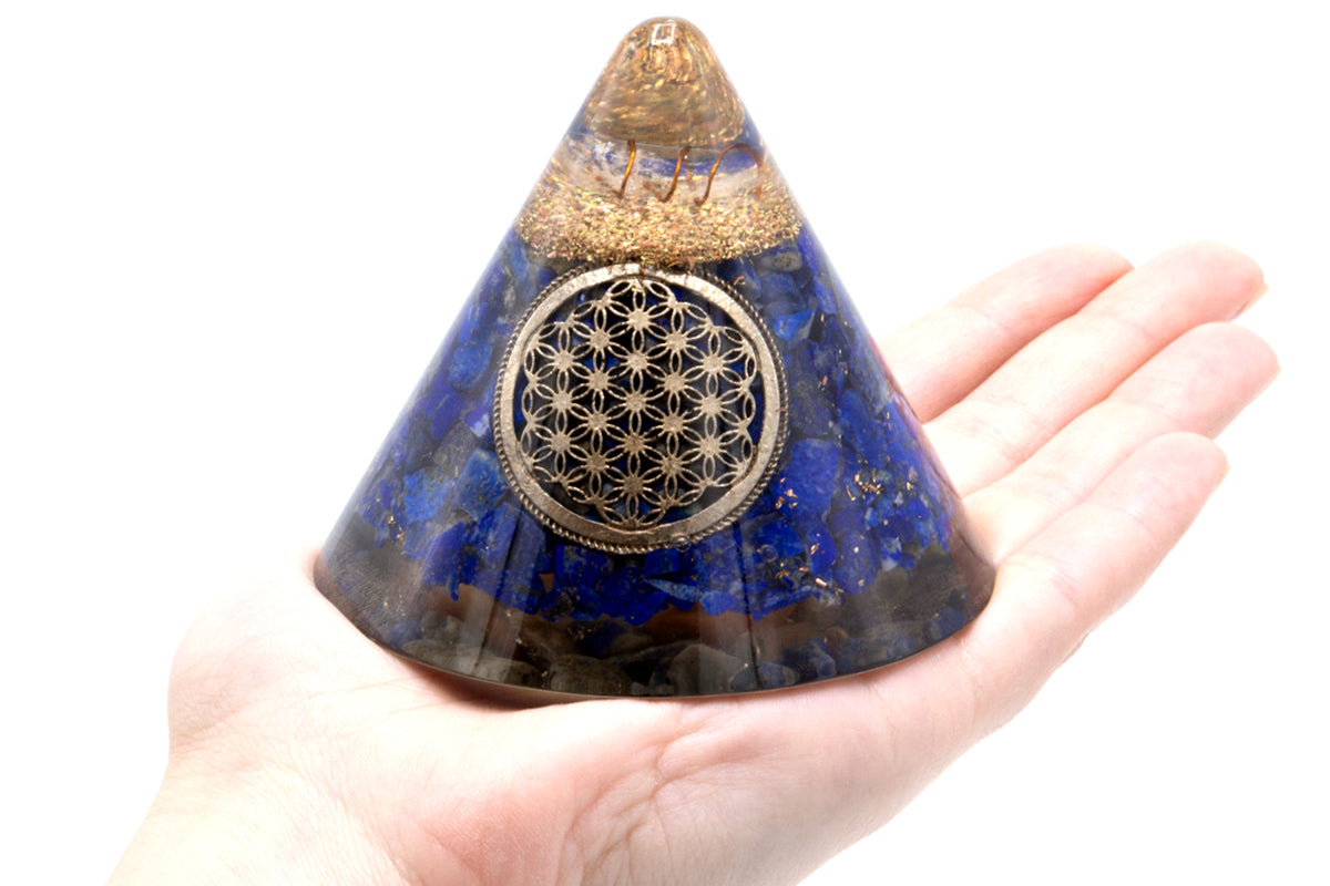 Orgonite Cone - Lapis Flower of Life - Suspended Quartz - 90 mm - ScentiMelti  Orgonite Cone - Lapis Flower of Life - Suspended Quartz - 90 mm