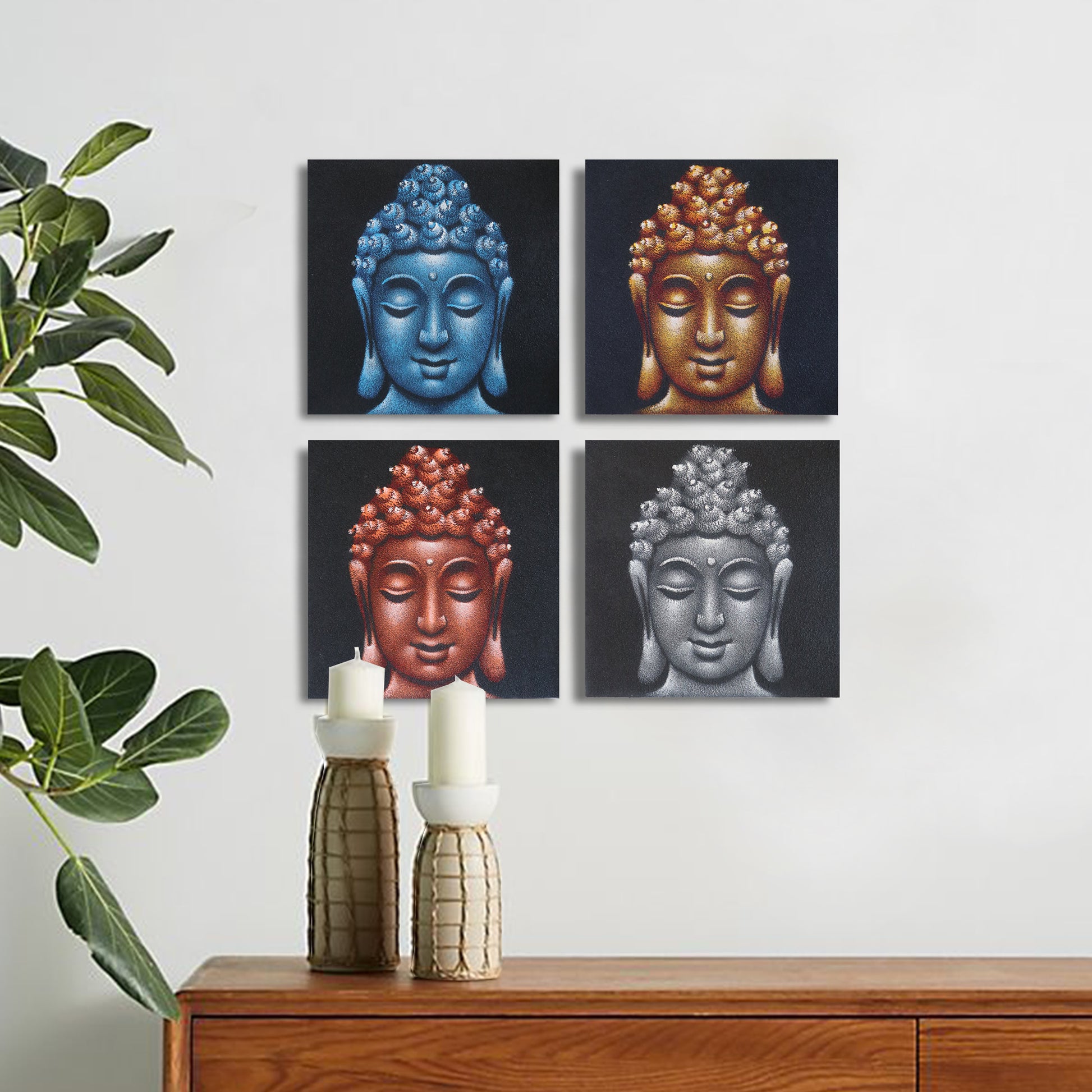 Set of 4 Buddha Heads Sand Detail 30x30cm - ScentiMelti  Set of 4 Buddha Heads Sand Detail 30x30cm