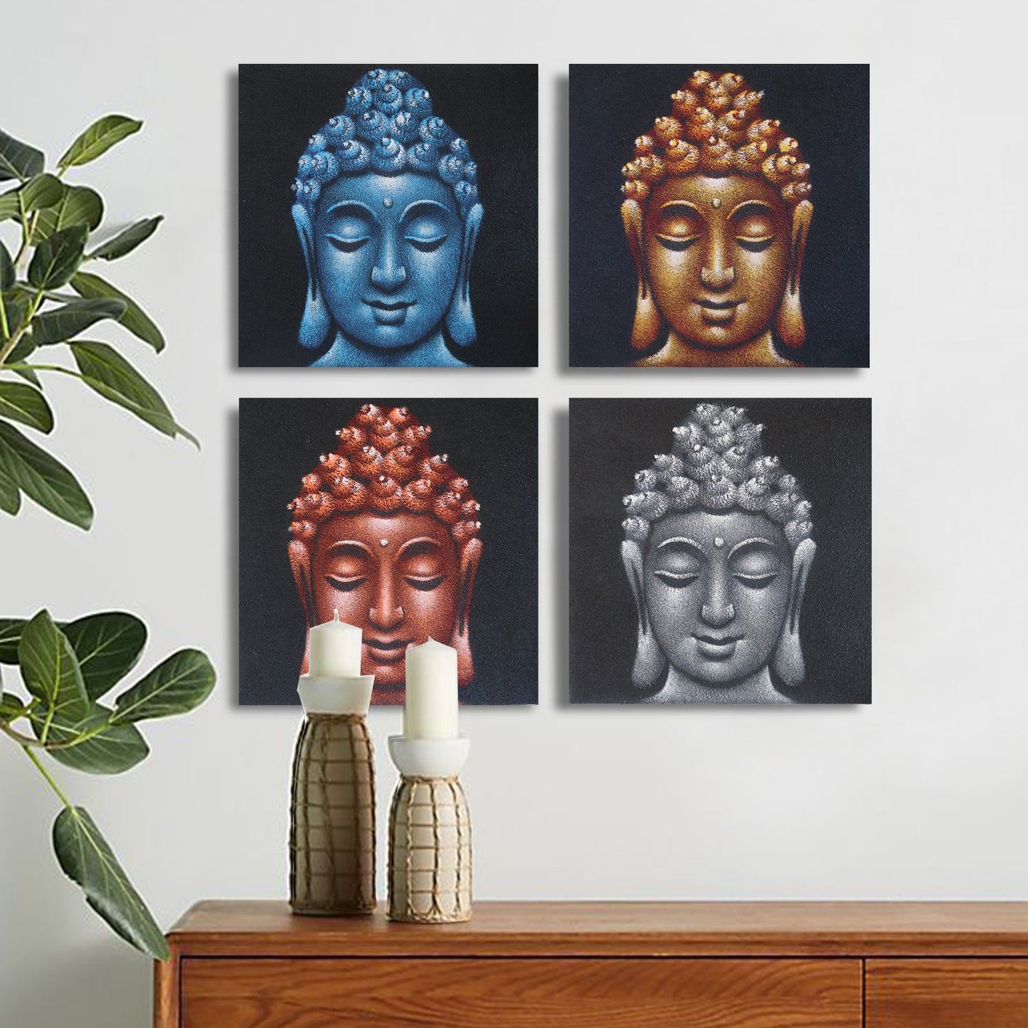 Set of 4 Buddha Heads Sand Detail 40x40cm - ScentiMelti  Set of 4 Buddha Heads Sand Detail 40x40cm