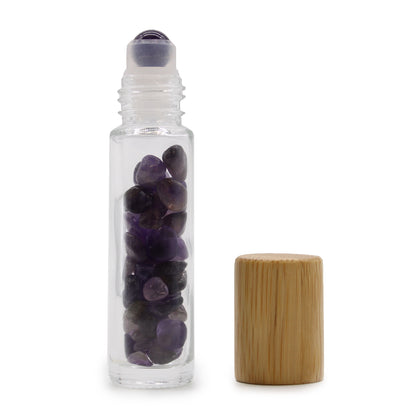 Gemstone Essential Oil Roller Bottle - Amethyst  - Wooden Cap - ScentiMelti  Gemstone Essential Oil Roller Bottle - Amethyst  - Wooden Cap