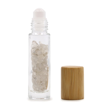 Gemstone Essential Oil Roller Bottle - Rock Quartz  - Wooden Cap - ScentiMelti  Gemstone Essential Oil Roller Bottle - Rock Quartz  - Wooden Cap