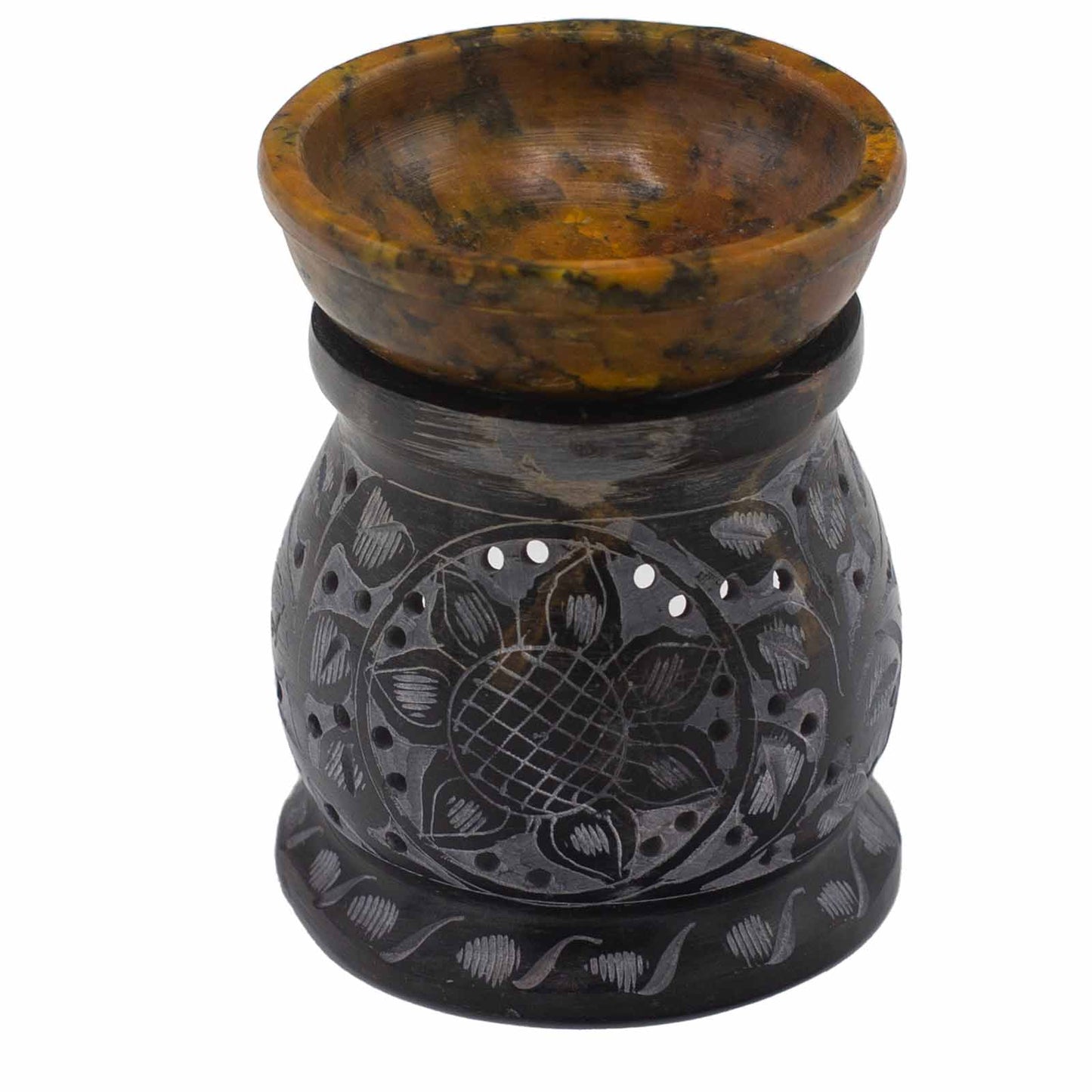 Soapstone Oil Burner 10cm - Mandala Flower - Black & Yellow - ScentiMelti  Soapstone Oil Burner 10cm - Mandala Flower - Black & Yellow