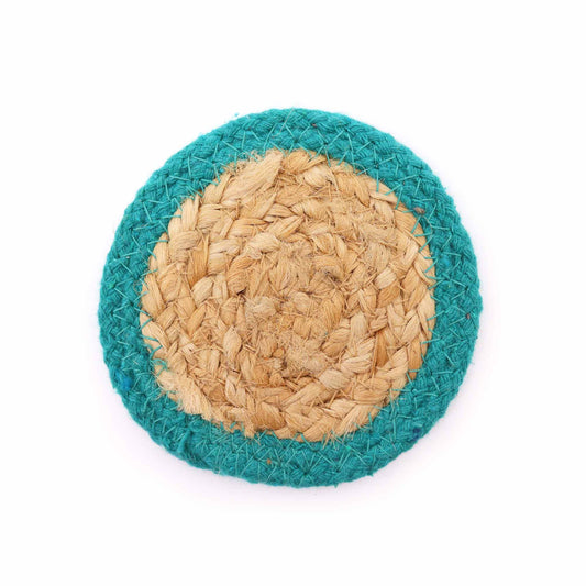 Natural Coaster - Jute & Cotton 10cm  (set of 4) - Teal Boarder - ScentiMelti Home Fragrance, Beauty & Gifts UK