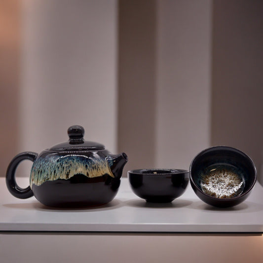 Herbal Black Glaze Teapot Set - Pot & Two Cups