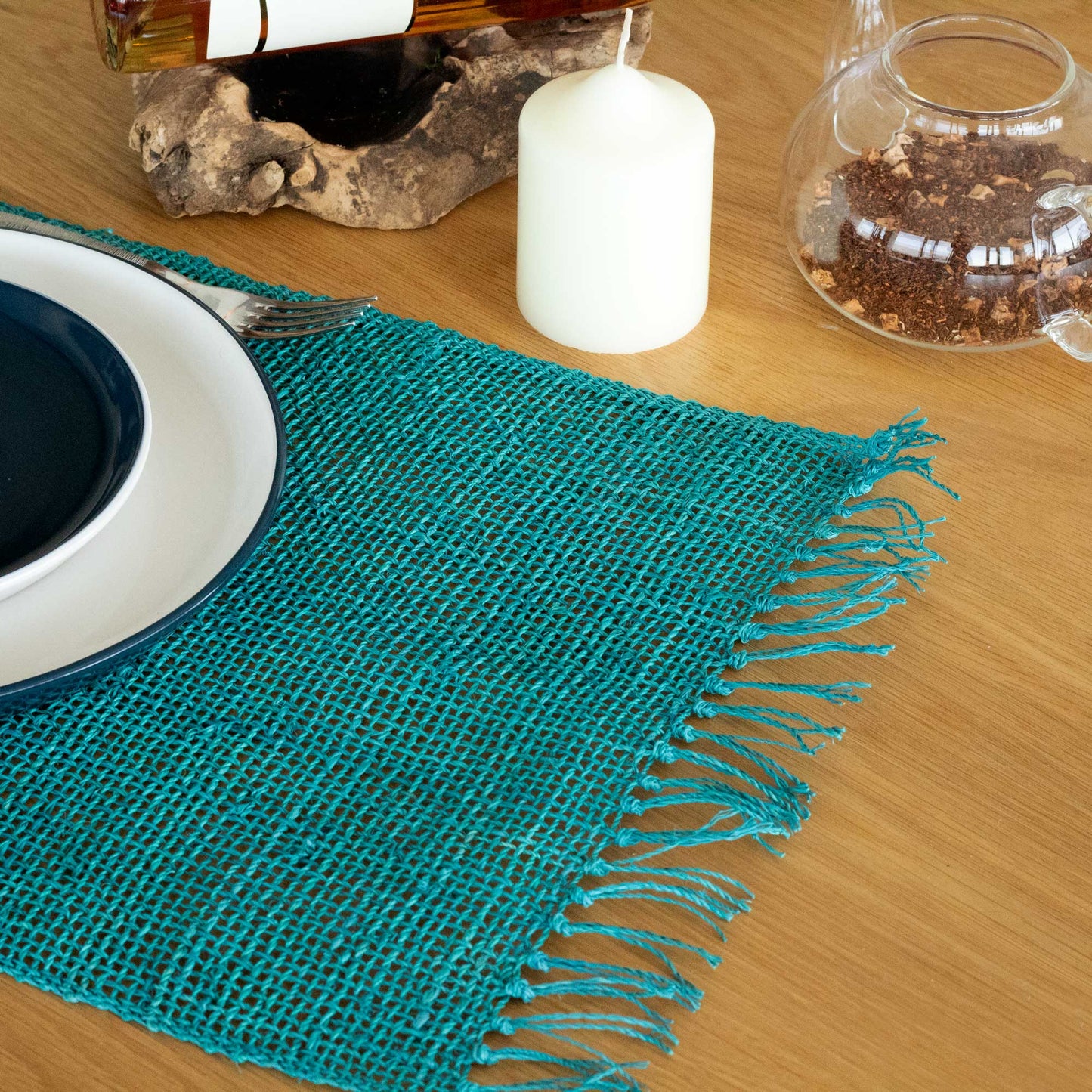 Seagrass Fringe Natural Placemat - Turquoise - ScentiMelti Home Fragrance, Beauty & Gifts UK