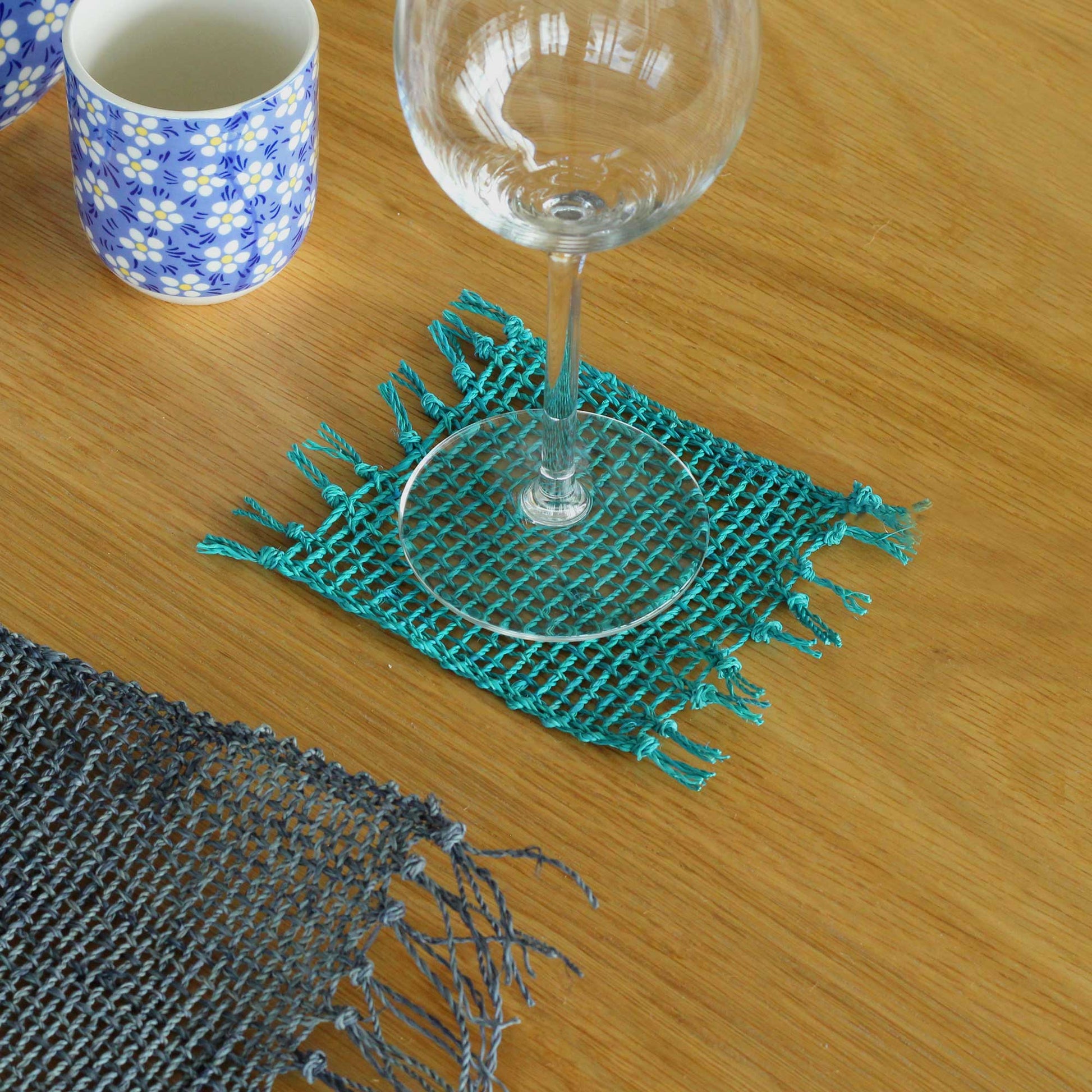 Set of 4 Seagrass Fringe Natural Coasters - Turquoise - ScentiMelti Home Fragrance, Beauty & Gifts UK