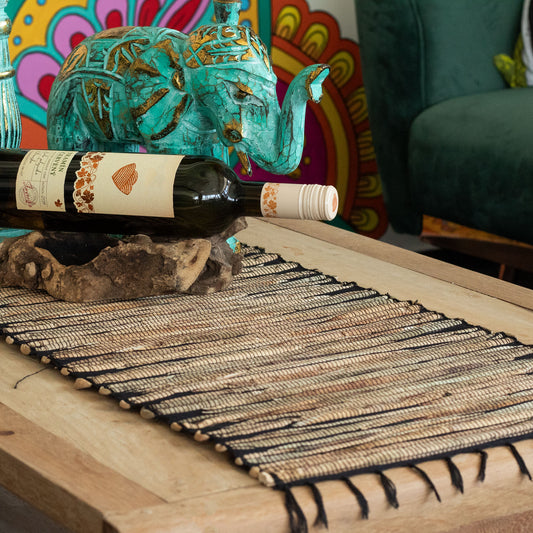 Water Hyacinth Natural Table Runner - Black Tiger with Fringe - 150cm - ScentiMelti Home Fragrance, Beauty & Gifts UK