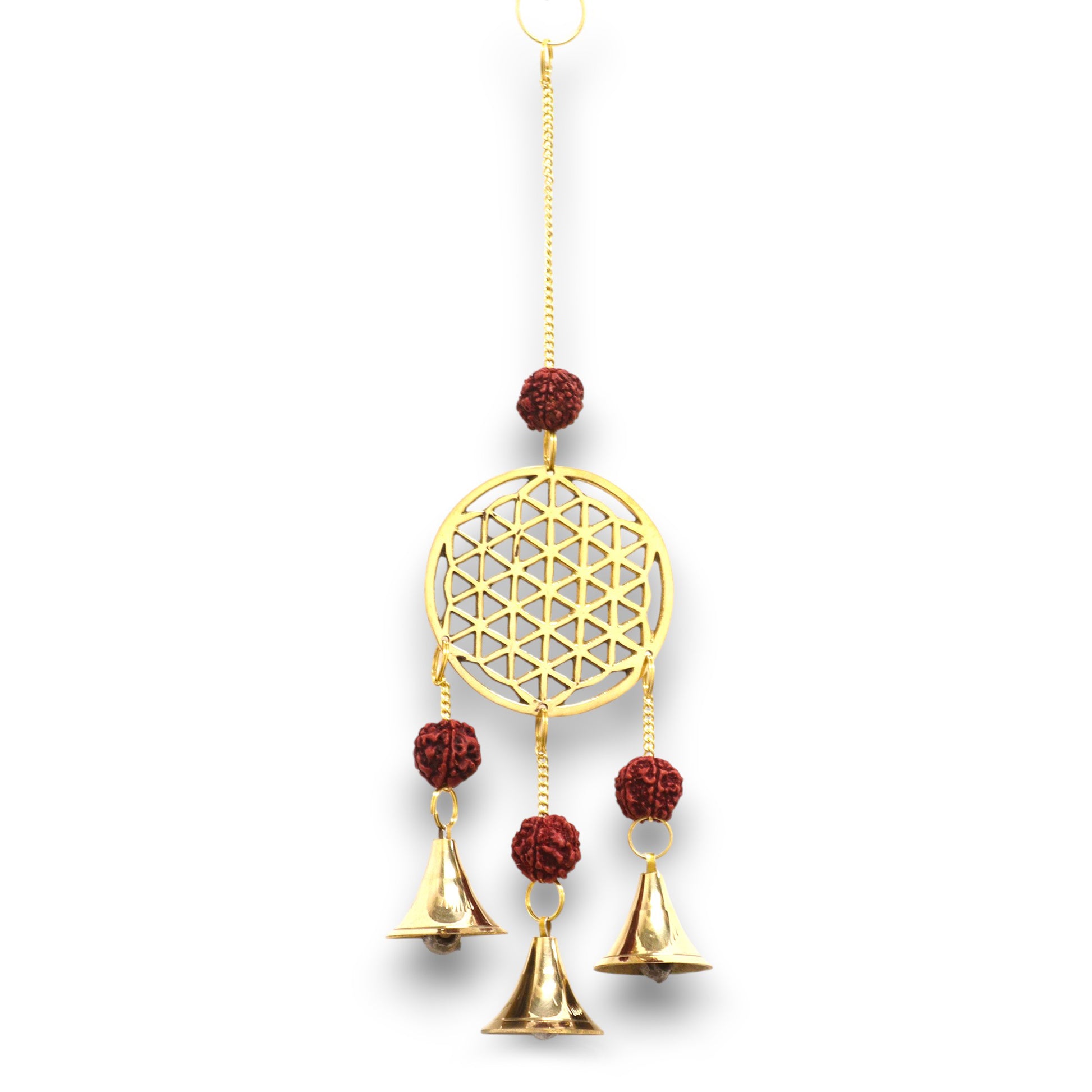 Indian Chimes - Brass Flower of Life with Rudraksha Beads - 3 Bells - ScentiMelti Home Fragrance, Beauty & Gifts UK