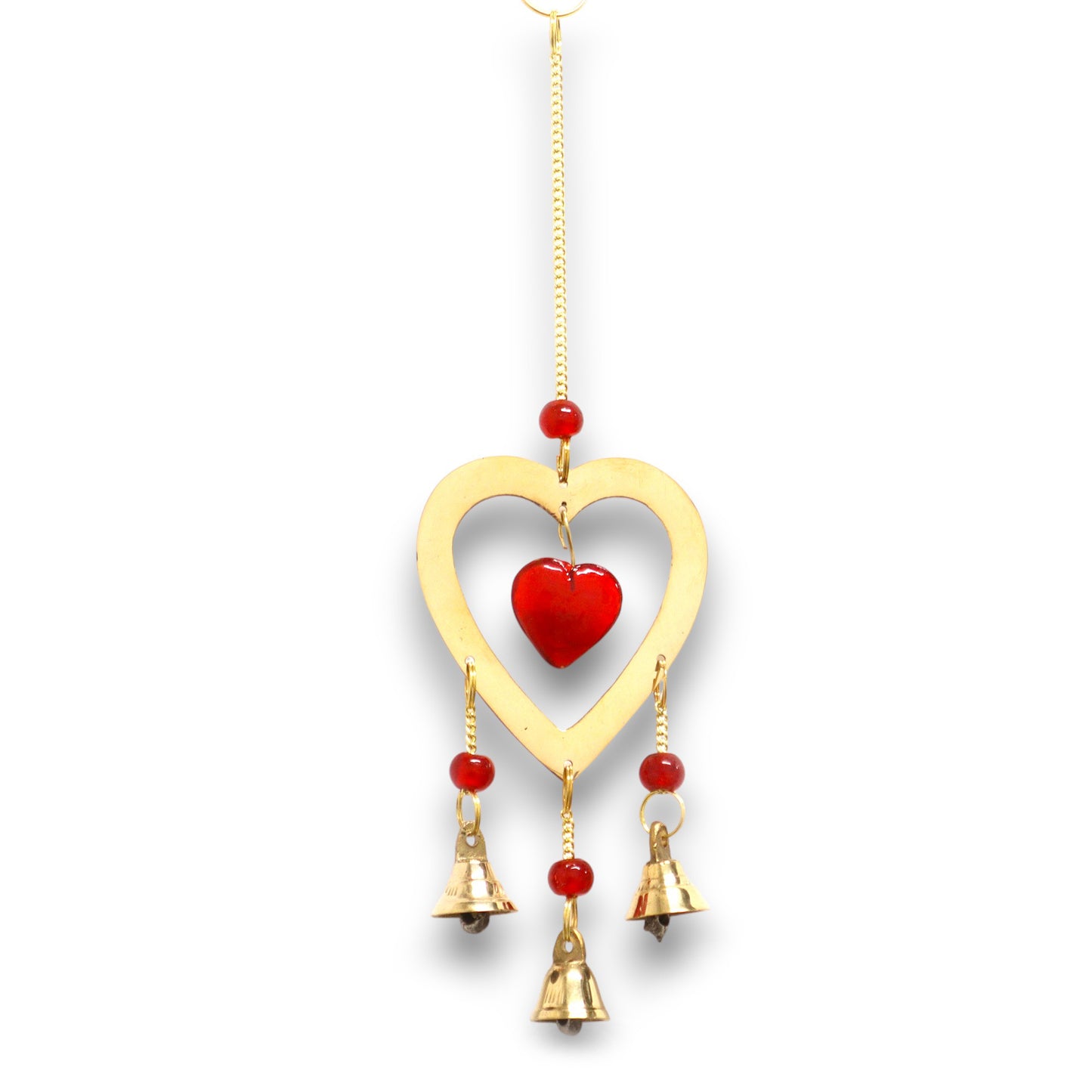 Indian Chimes - Brass With Ruby Glass Heart Beads - 3 Bells - ScentiMelti Home Fragrance, Beauty & Gifts UK