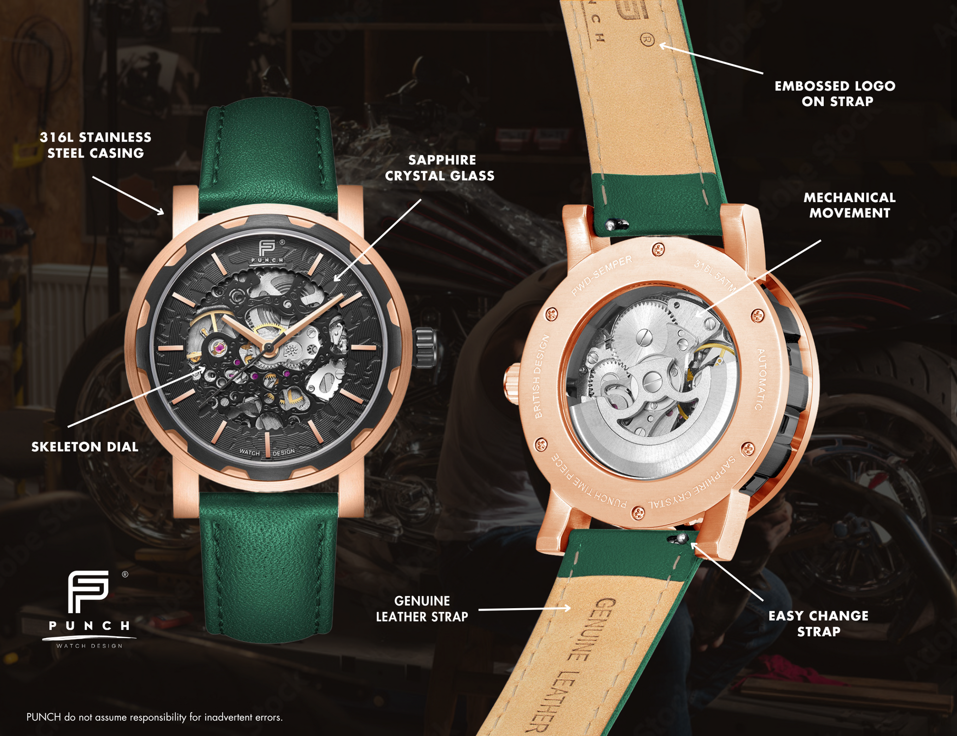 PUNCH Men's Rose Gold & Black Automatic Skeleton Watch - Green Leather Strap Punch Watch Design ScentiMelti Wax Melts