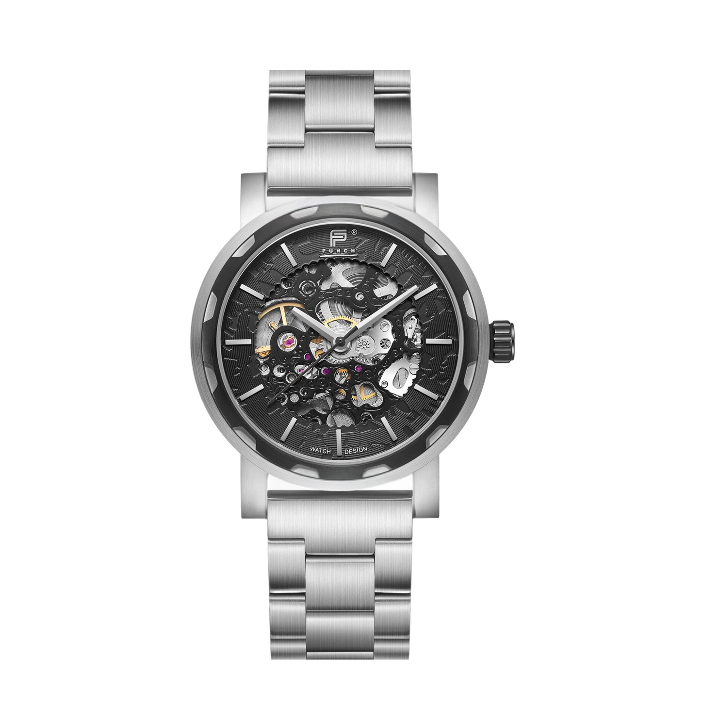 PUNCH Mens Watch, Black & Silver Skeleton Automatic Watch - Silver Metal Strap