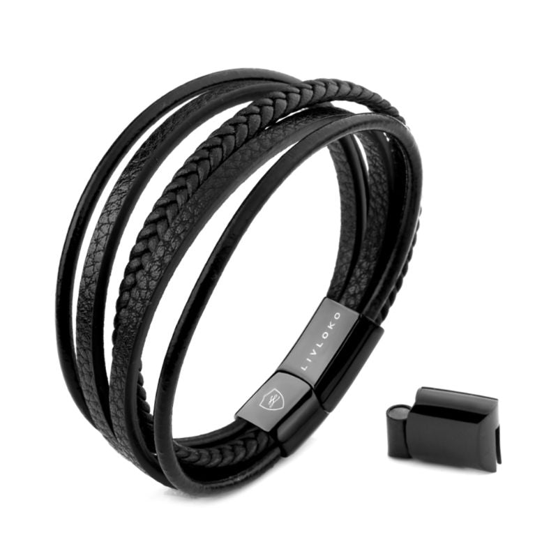 Men's Black Leather Bracelet with Braided Detail - ScentiMelti Home Fragrance, Beauty & Gifts UK