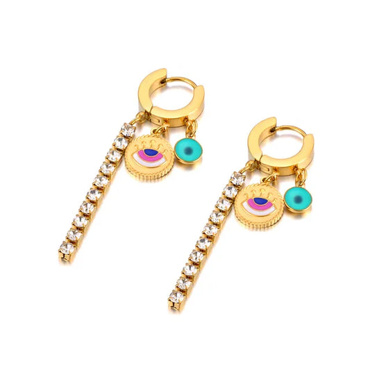 Leelee Luxe 18k Gold Plated Jewelled Evil Eye Charm Dangle Hoop Earrings LUXE TONES ScentiMelti Wax Melts