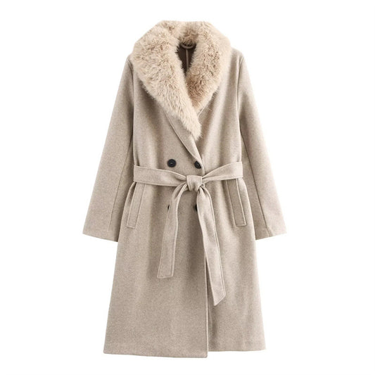 Layla Faux Fur Collar Woolen Style Oatmeal Beige Coat