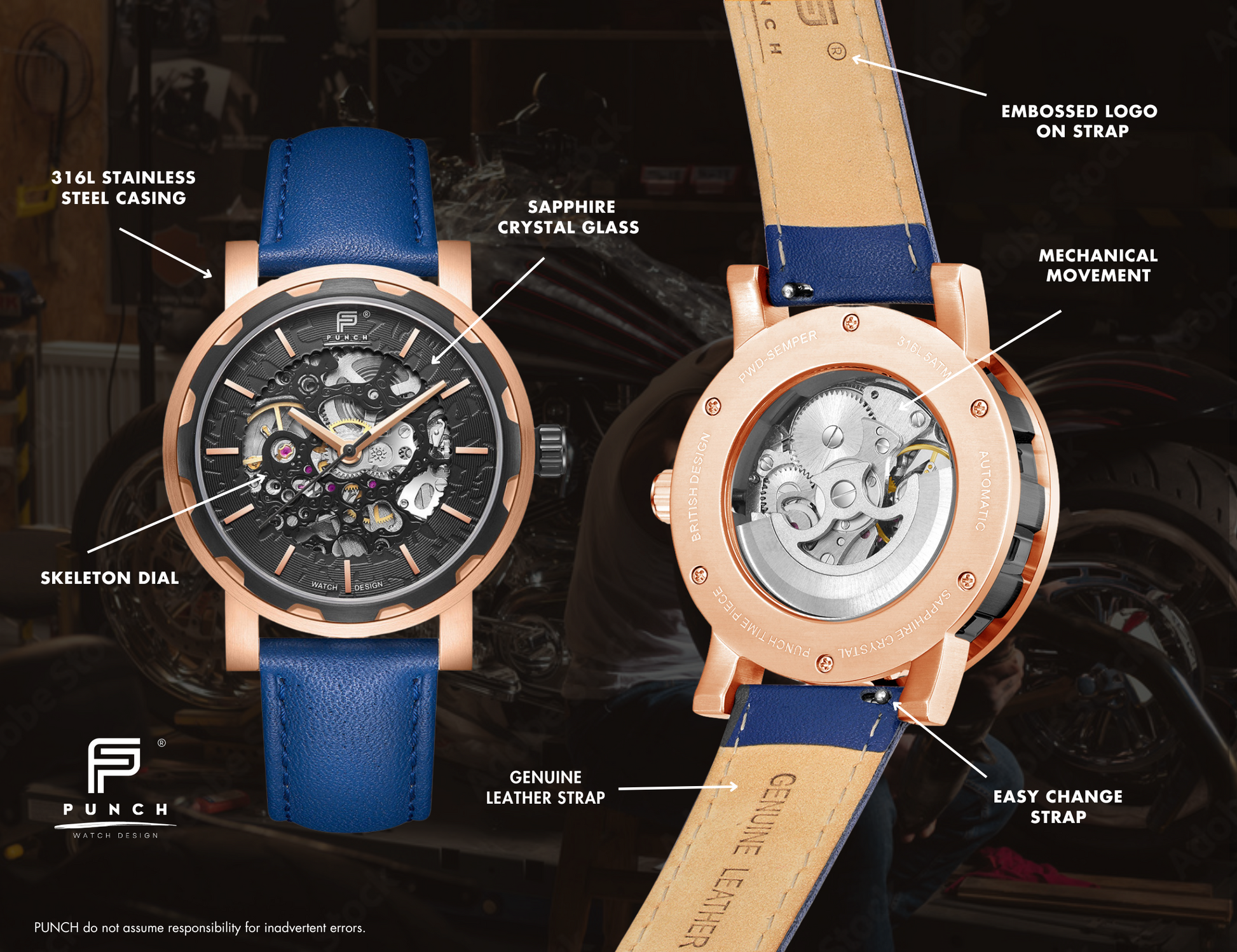 PUNCH Men's Rose Gold & Black Automatic Skeleton Watch - Blue Leather Strap Punch Watch Design ScentiMelti Wax Melts