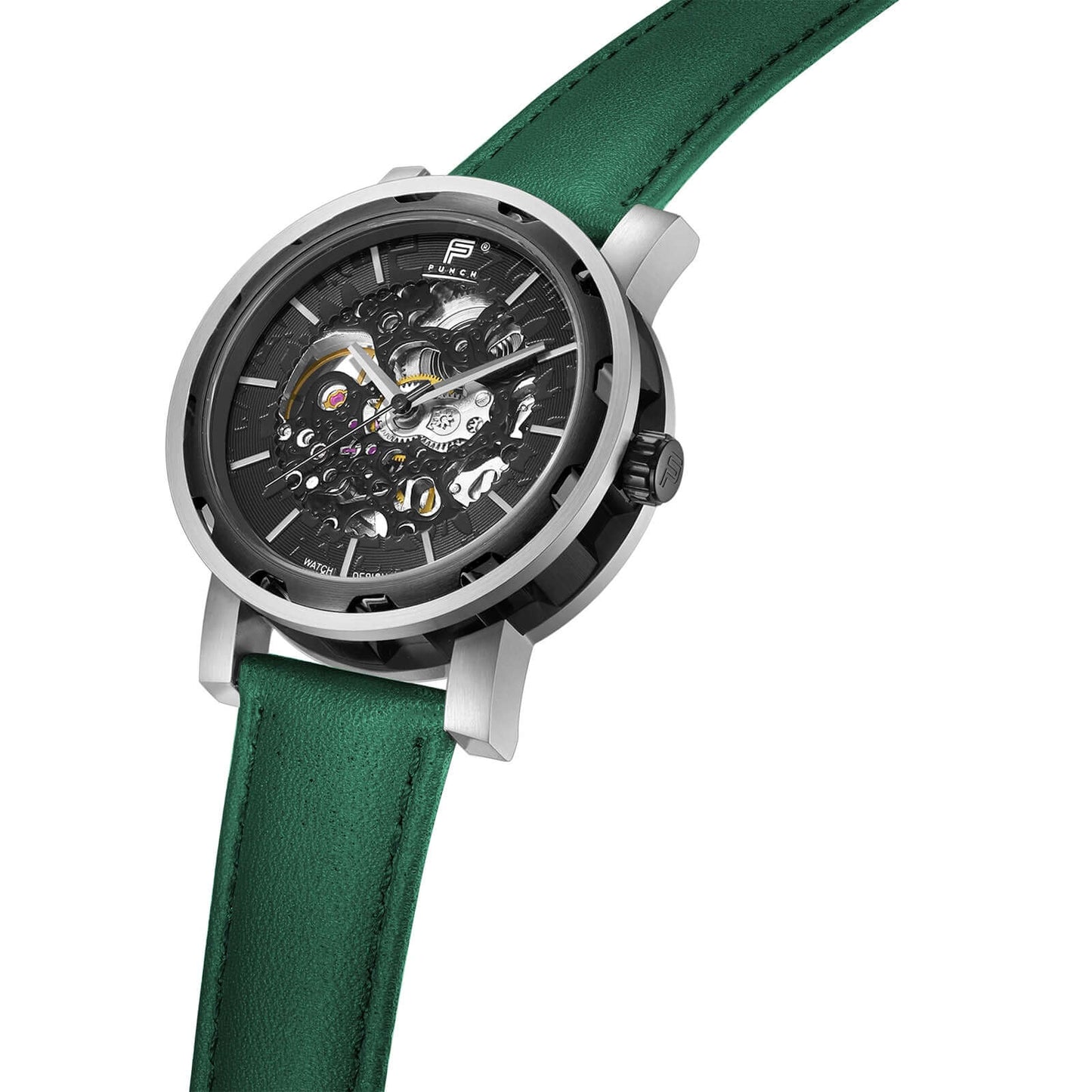 PUNCH Mens Watch, Black & Silver Skeleton Automatic Watch - Green Leather Strap Punch Watch Design ScentiMelti Wax Melts