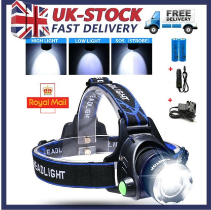 T6 Headlamp Rechargeable 350000LM LED Zoom Headlight Head Torch USB Line New UK - ScentiMelti Home Fragrance, Beauty & Gifts UK