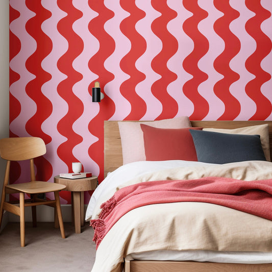 On The Same Wavelength Wallpaper in Pink Cherry | Wavy wallpaper in pink and red colours - ScentiMelti Home Fragrance, Beauty & Gifts UK