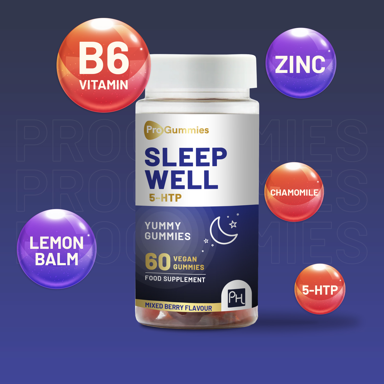 5HTP Sleep Well Gummies | 60 Vegan Pro Gummies | 1000mg Griffonia Seed Extract per serving | Yummy Mixed Berry Flavour | Natural Melatonin with Chamomile, Lemon Balm, Vitamin B6 and Zinc by P