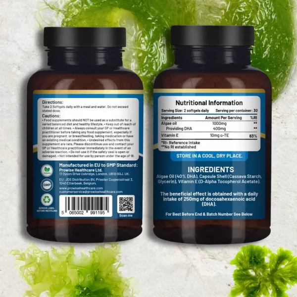 Prowise Vegan Omega-3 DHA from Algae Oil | 60 Softgels with Vitamin E | 400mg DHA + 10mg Vitamin E | 100% Plant-Based | Supports Brain, Eye, and Joint Health | Pure & Sustainable Sourced - Sc