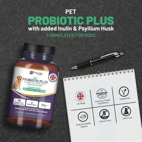 Pet Probiotic Plus with Added Inulin & Psyllium Husk 2 Billion CFU with 5 Active Strains I 60 Chicken Flavour Chewable Tablets 2 Months Supply - ScentiMelti  Pet Probiotic Plus with Added Inu