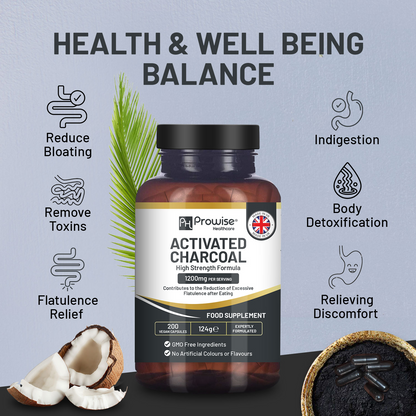 Activated Charcoal Capsules - 200 High Strength Vegan Capsules- 1200mg per serving- Made from Natural Coconut shells to Reduce Flatulence, Bloating & Indigestion I Made in the UK - ScentiMelt