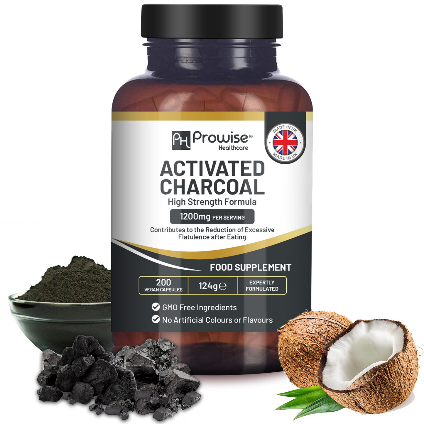 Activated Charcoal Capsules - 200 High Strength Vegan Capsules- 1200mg per serving- Made from Natural Coconut shells to Reduce Flatulence, Bloating & Indigestion I Made in the UK - ScentiMelt