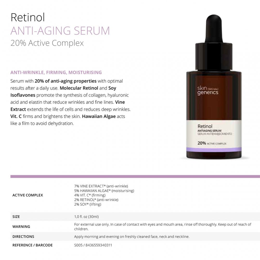 Skin Generics Anti-Aging Serum Retinol 20% Active Complex, 30ml - ScentiMelti Home Fragrance, Beauty & Gifts UK