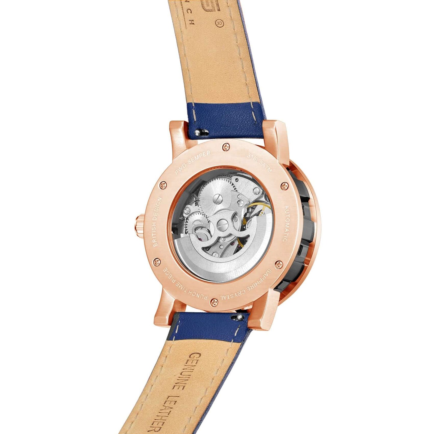 PUNCH Men's Rose Gold & Black Automatic Skeleton Watch - Blue Leather Strap Punch Watch Design ScentiMelti Wax Melts