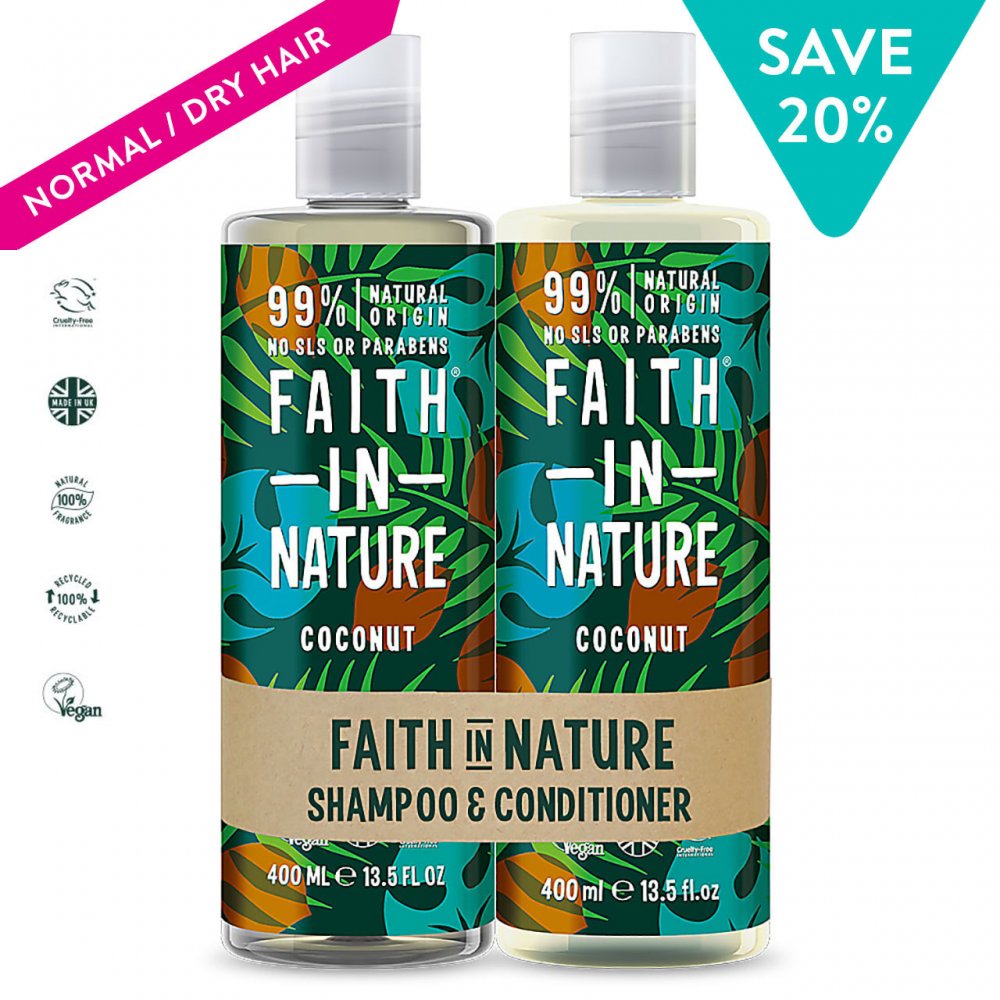 Faith in Nature Natural Coconut Shampoo and Conditioner Set, Hydrating Vegan and Cruelty Free, Parabens and SLS Free, for Normal to Dry Hair, 2 x 400 ml - ScentiMelti Home Fragrance, Beauty & Gifts UK