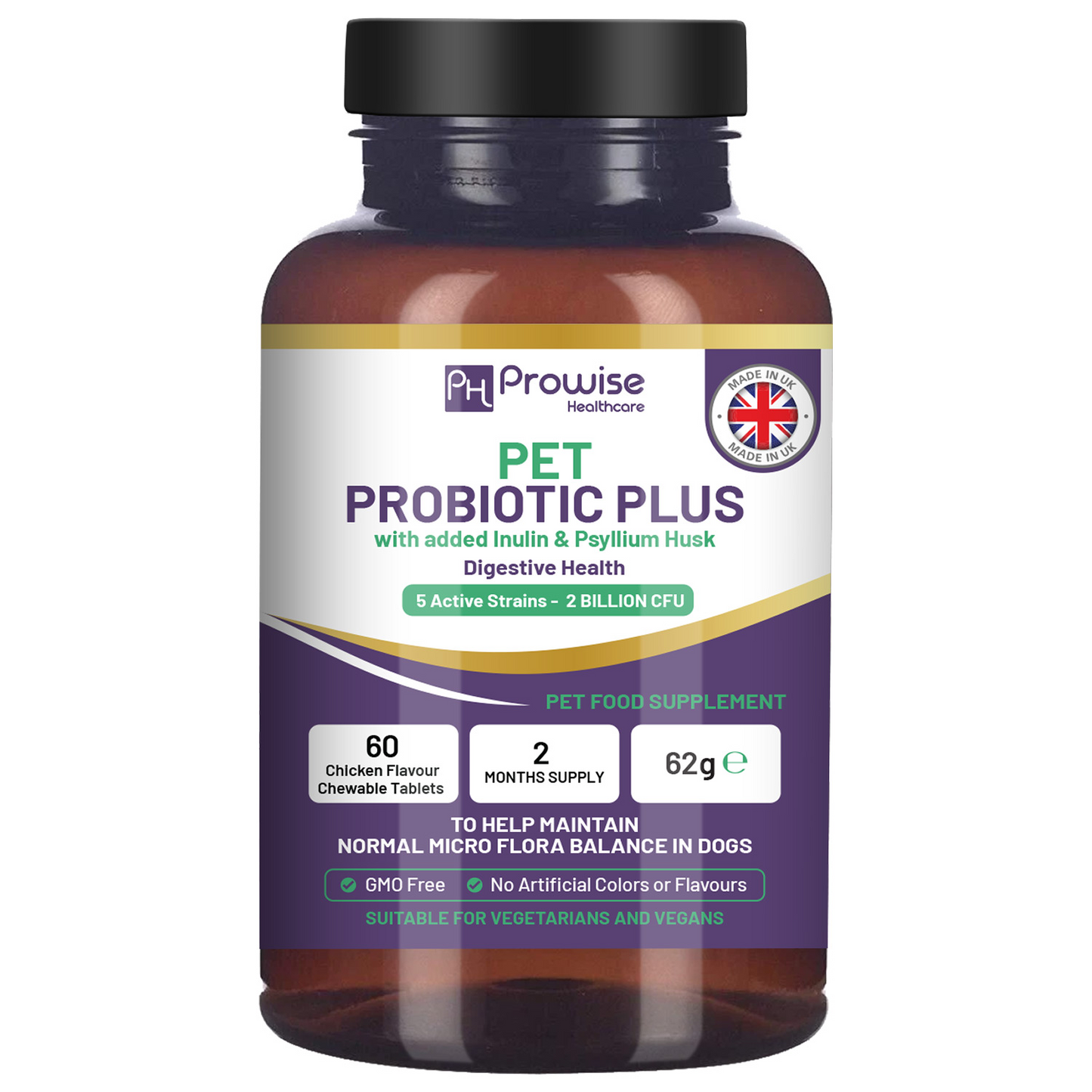 Pet Probiotic Plus with Added Inulin & Psyllium Husk 2 Billion CFU with 5 Active Strains I 60 Chicken Flavour Chewable Tablets 2 Months Supply - ScentiMelti  Pet Probiotic Plus with Added Inu