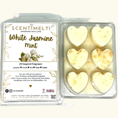 White Jasmine & Mint JM Inspired Heart Clamshell Wax Melts - ScentiMelti  White Jasmine & Mint JM Inspired Heart Clamshell Wax Melts