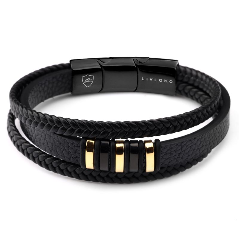 Men's Designer Black and Gold Leather Bracelet - ScentiMelti Home Fragrance, Beauty & Gifts UK