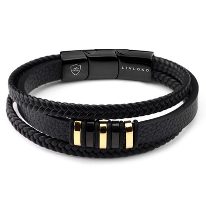 Men's Designer Black and Gold Leather Bracelet - ScentiMelti Home Fragrance, Beauty & Gifts UK