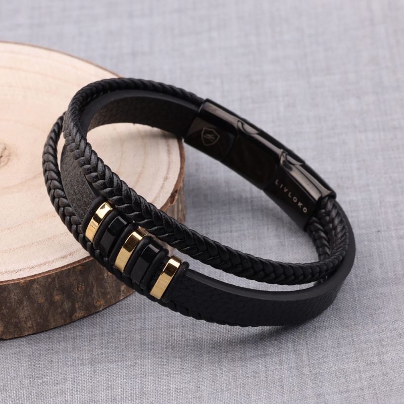 Men's Designer Black and Gold Leather Bracelet - ScentiMelti Home Fragrance, Beauty & Gifts UK